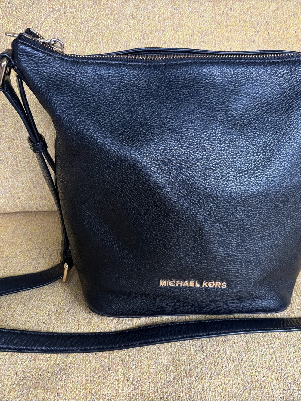 Michael Kors Black Pebbled Leather Shoulder Bag with Gold Logo